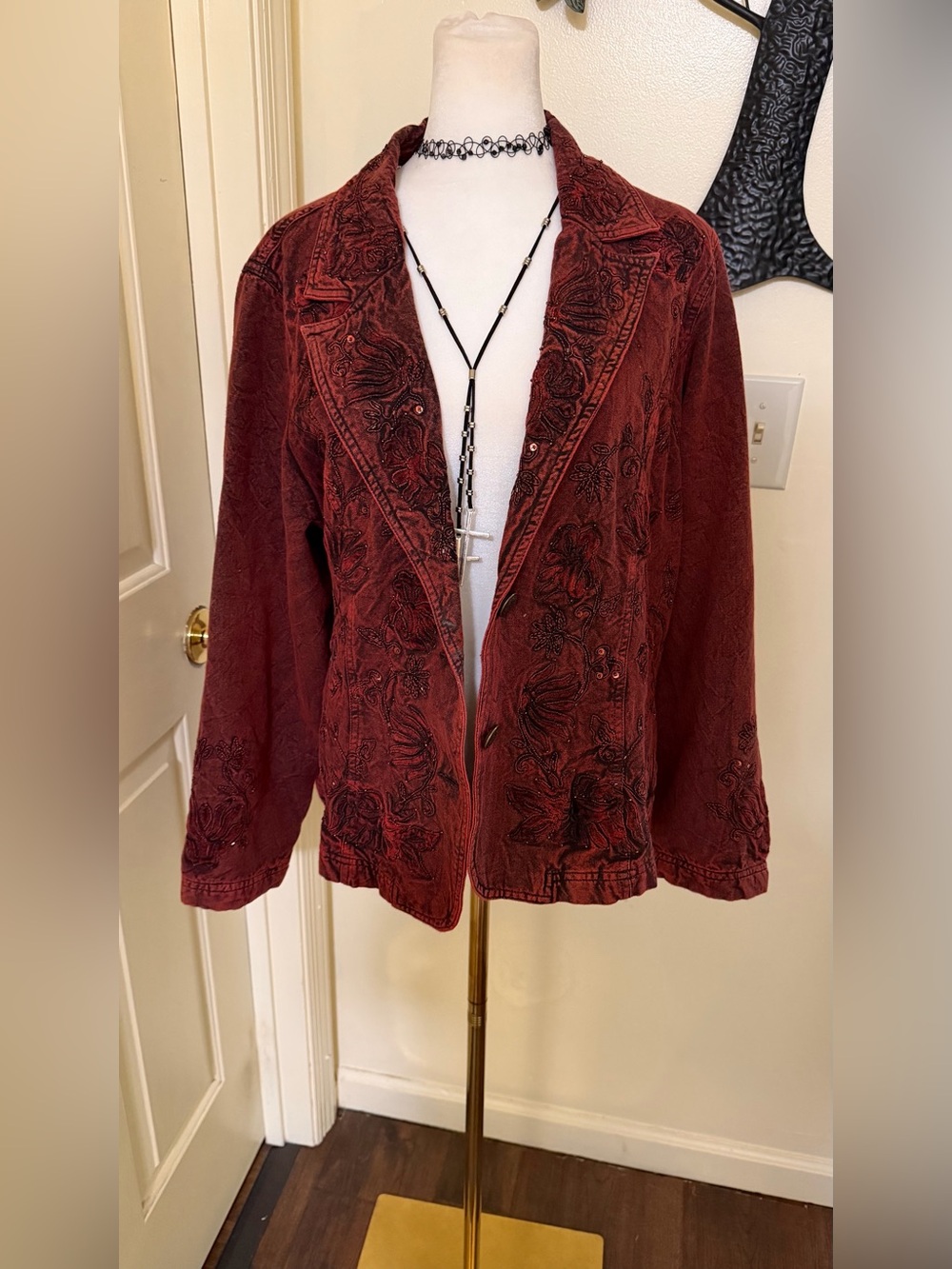 Coldwater Creek Embroidered Boho Jacket Size 14 Burgundy Cotton Artsy Blazer - Picture 10 of 15